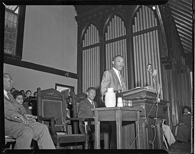 Marin Luther King at preaching in pulpit at Rankin Memorial Chapel